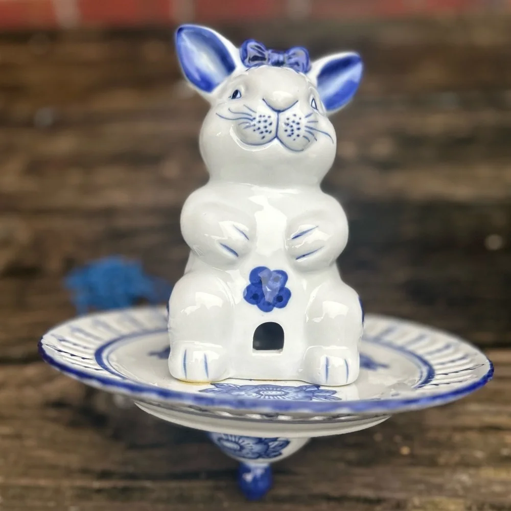 Rare and Unique Blue & White Porcelain Bunny Rabbit Bird Feeder